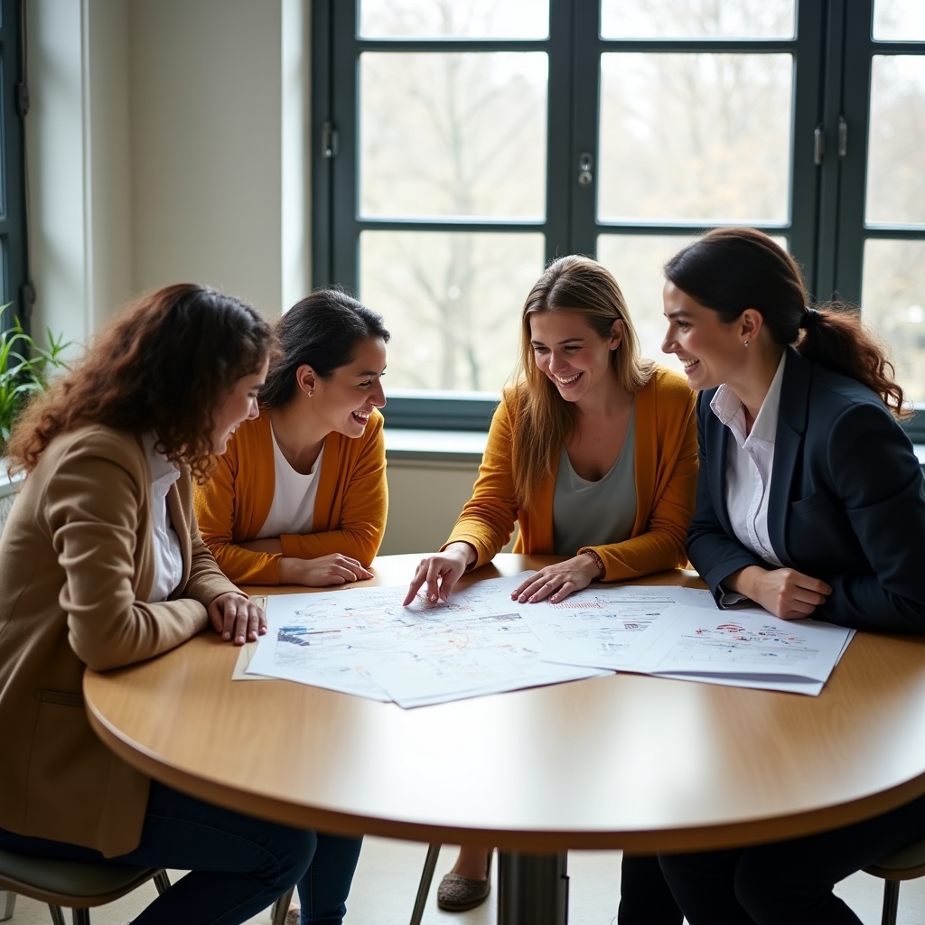 Small team gathered around a table during a working session reviewing printed pipeline diagrams