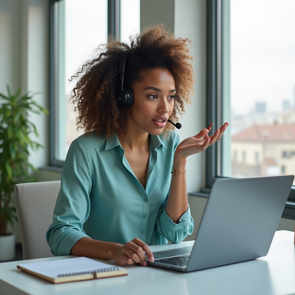 Consultant on a video call at a desk discussing a reporting pipeline with a client