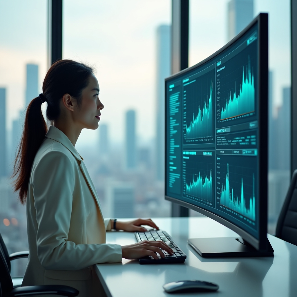 Consultant reviewing an automated financial reporting dashboard on a large monitor in a bright office