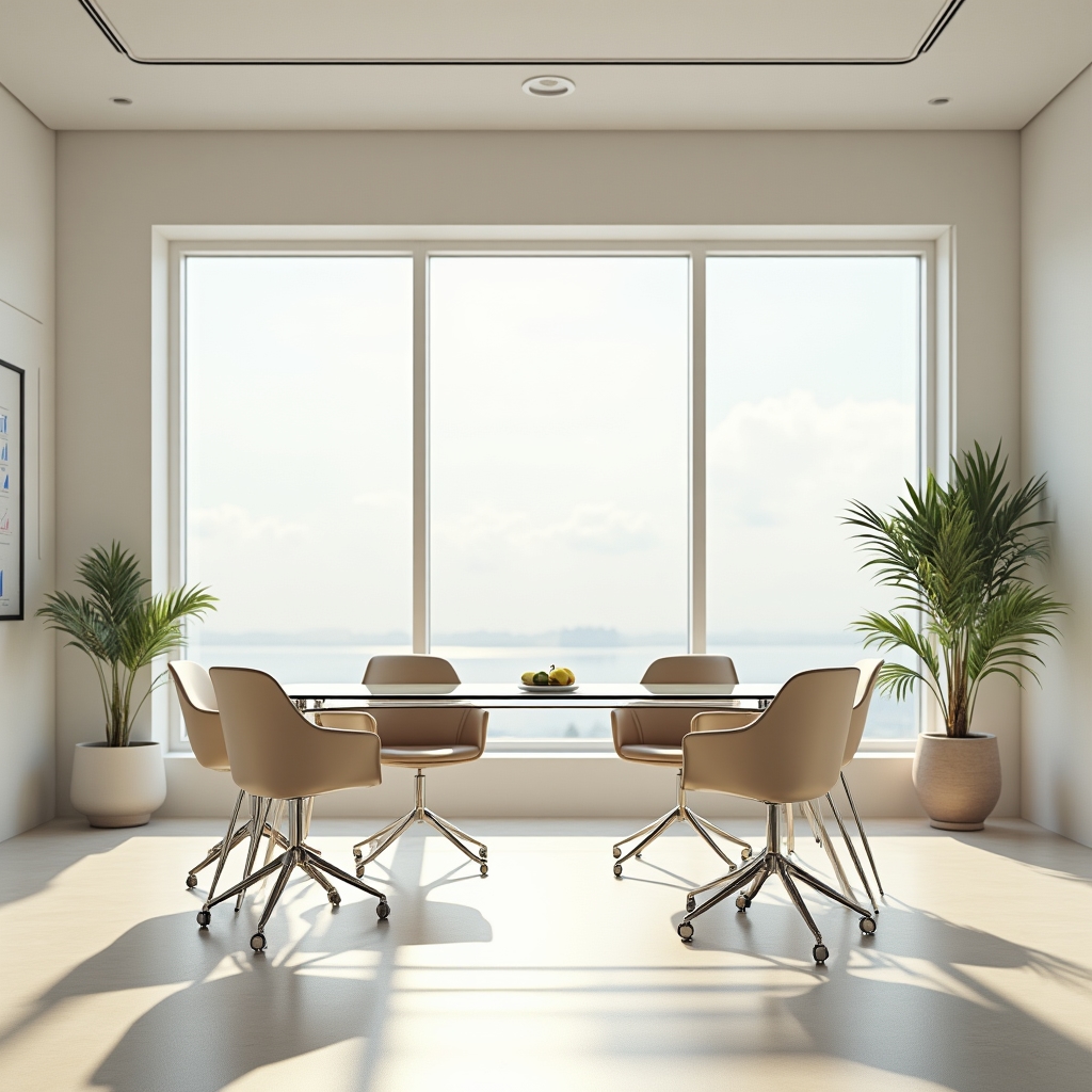 Bright meeting room interior with a glass table and outlined furniture in the Apiautomator office