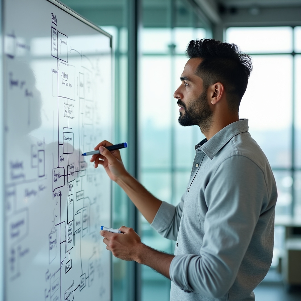 Consultant standing at a whiteboard mapping out a financial data pipeline with arrows and boxes